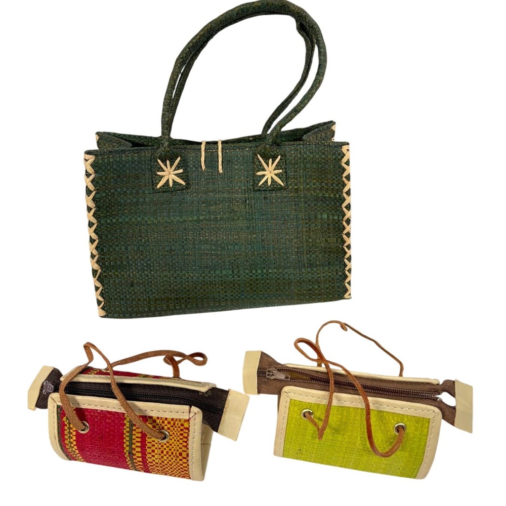Vintage Woven Straw Handbag and Coin Purse Set Green Red Yellow Boho Tote 3pc